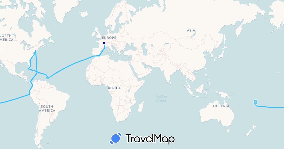 TravelMap itinerary: driving, boat in Barbados, Colombia, Cuba, Ecuador, Fiji, France, Guadeloupe, Haiti, Saint Kitts and Nevis, Martinique, Panama, Peru, Puerto Rico, Portugal, United States, Saint Vincent and the Grenadines (Europe, North America, Oceania, South America)